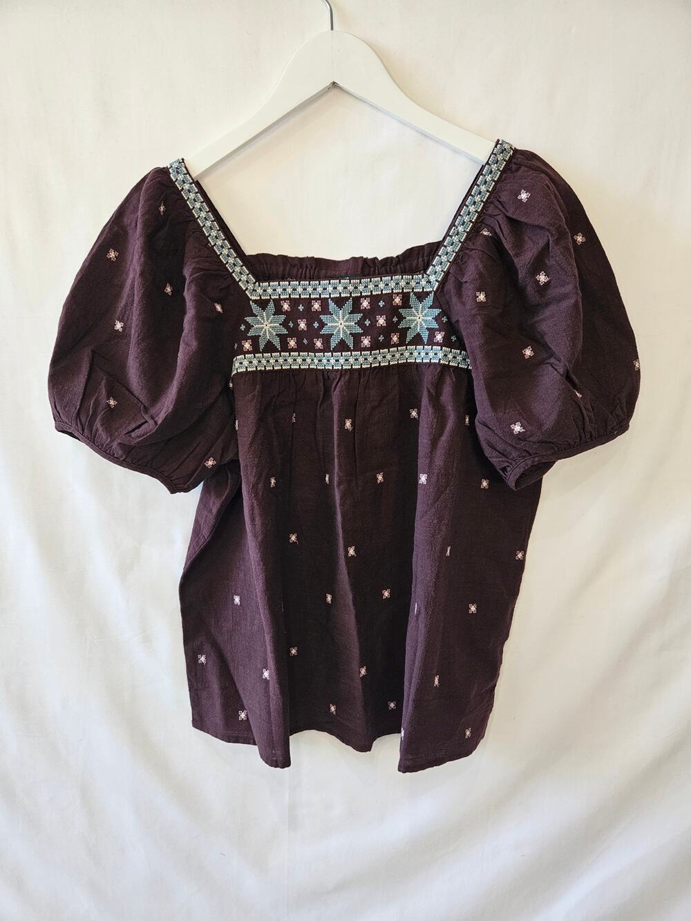 Madewell Bubble Sleeve Embroidered Crinkle Blouse Spiced Raisin Small